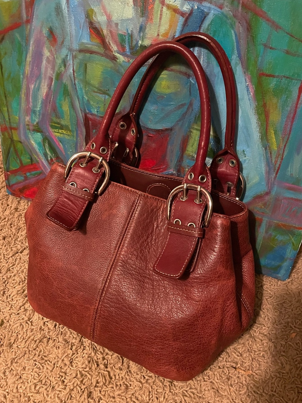 Structured Burnt Red Leather Satchel with Buckle Accents